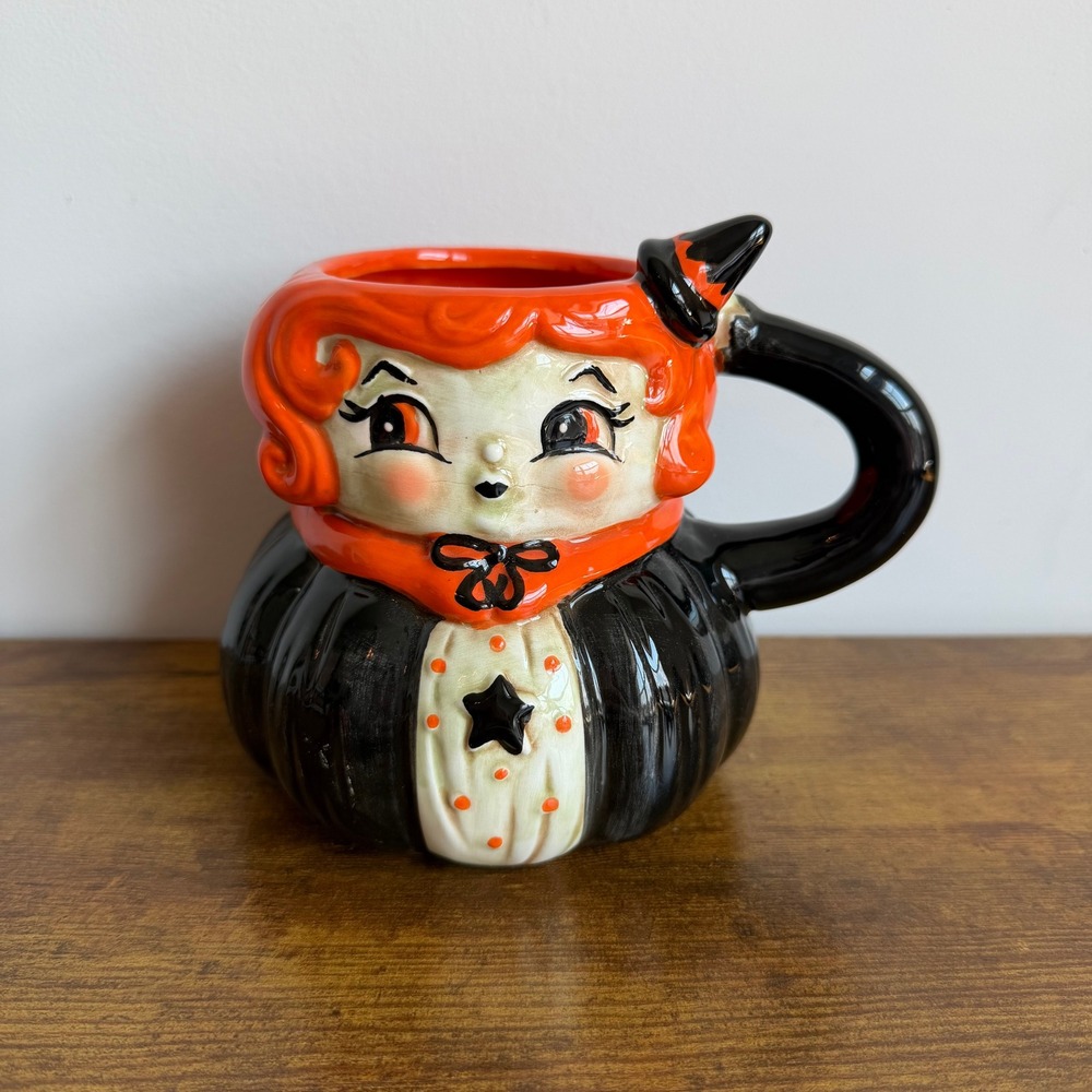 Johanna Parker Ceramic Witch Mug Halloween Black Orange Hair Cup Hat Cute Viral